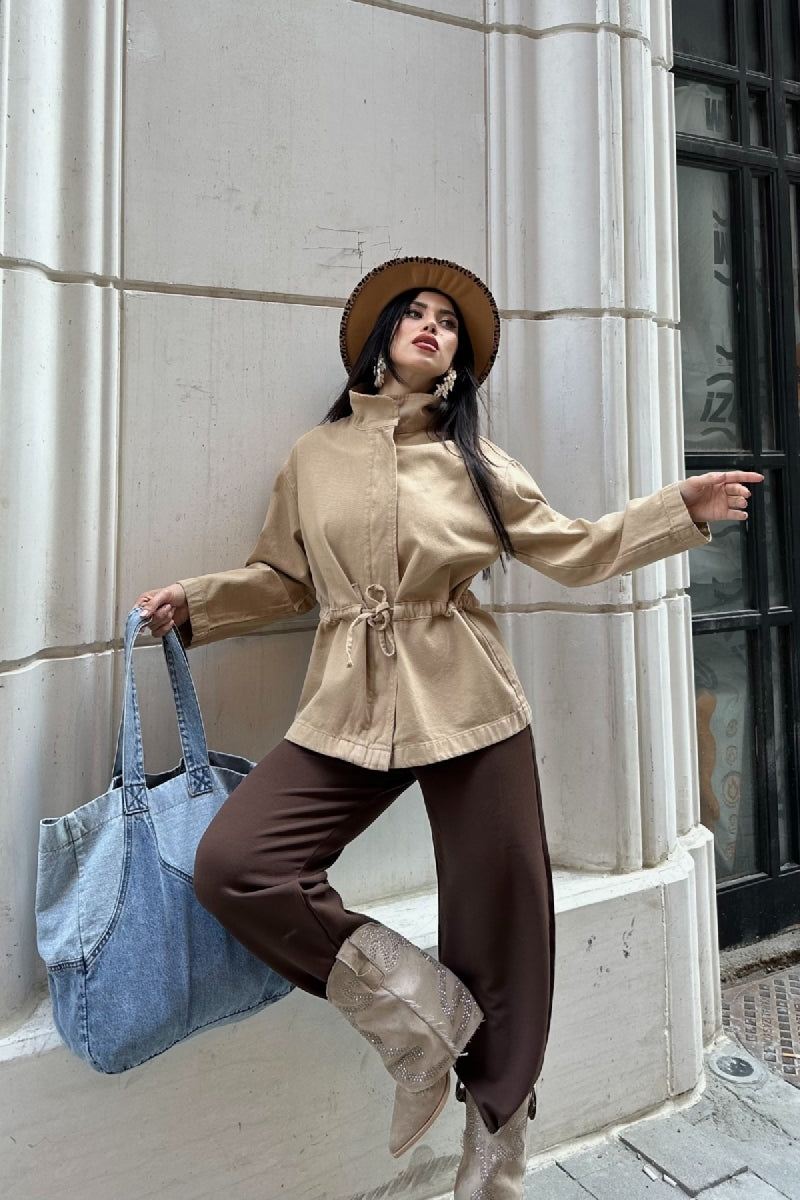 Bel Büzgü Detaylı Kot Ceket - Camel - (S-L-3) - 4