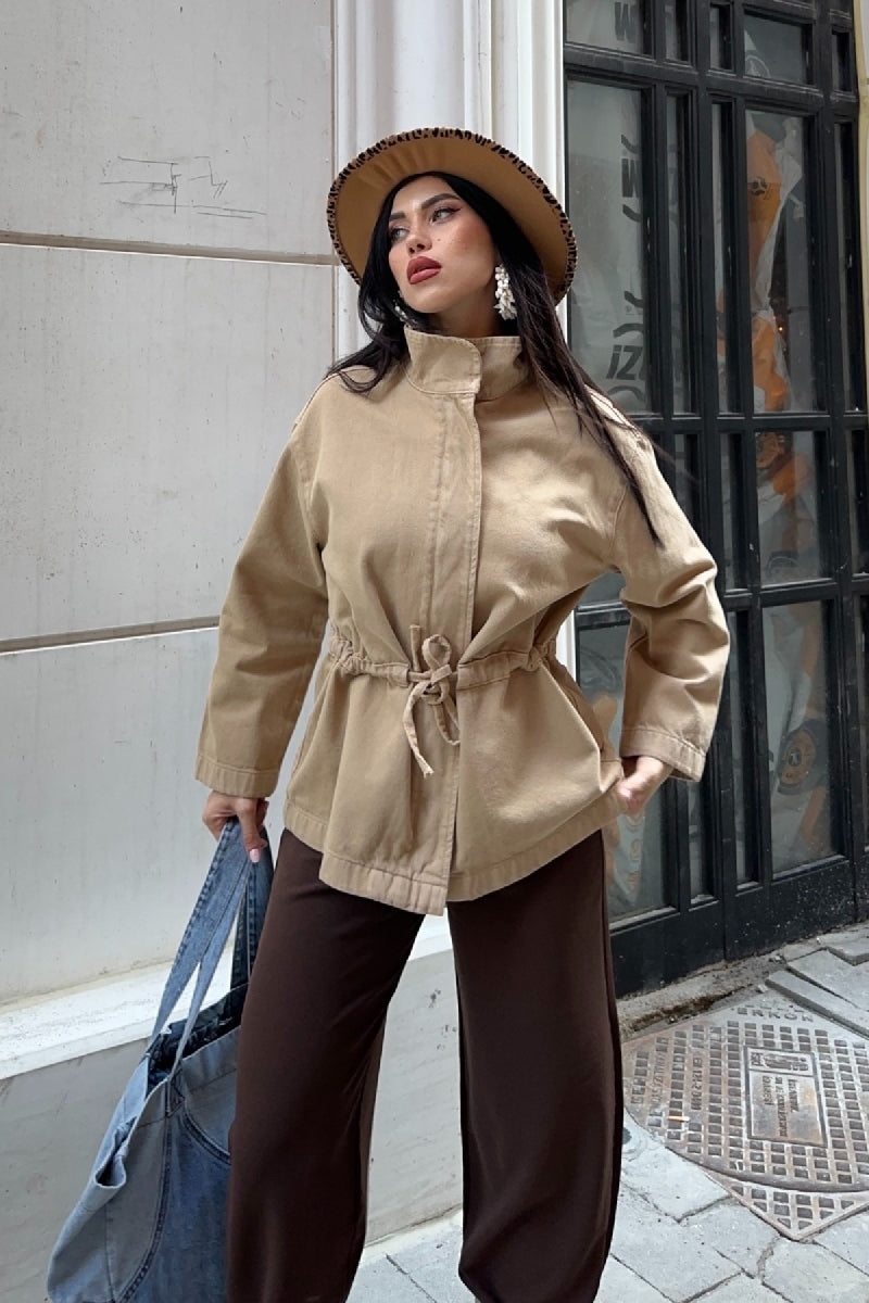 Bel Büzgü Detaylı Kot Ceket - Camel - (S-L-3) - 5