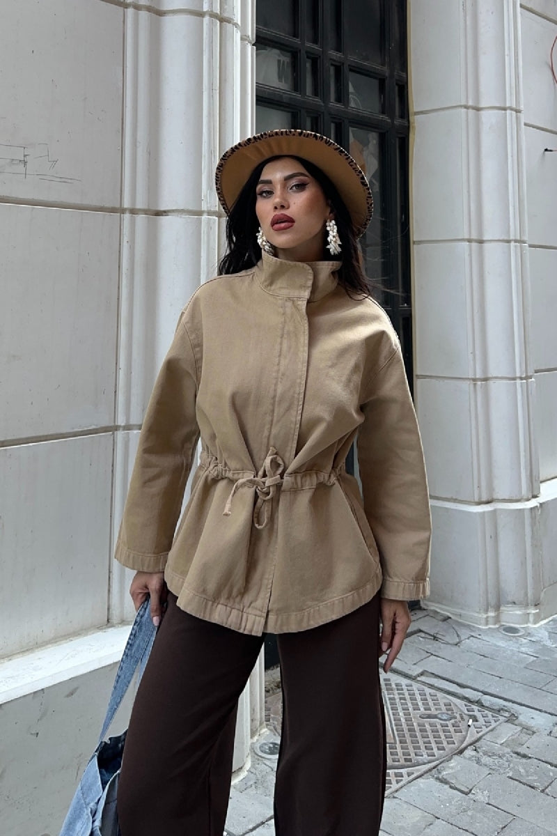 Bel Büzgü Detaylı Kot Ceket - Camel - (S-L-3) - 6