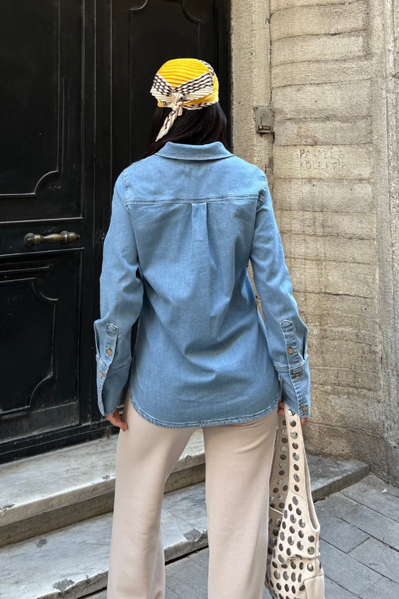Kol Manşet Detaylı Kot Gömlek - Düz Orta Mavi Rins - (S-XL) - 3