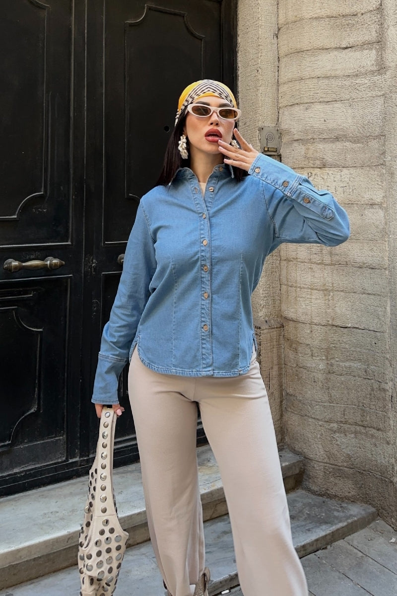 Kol Manşet Detaylı Kot Gömlek - Düz Orta Mavi Rins - (S-XL) - 5