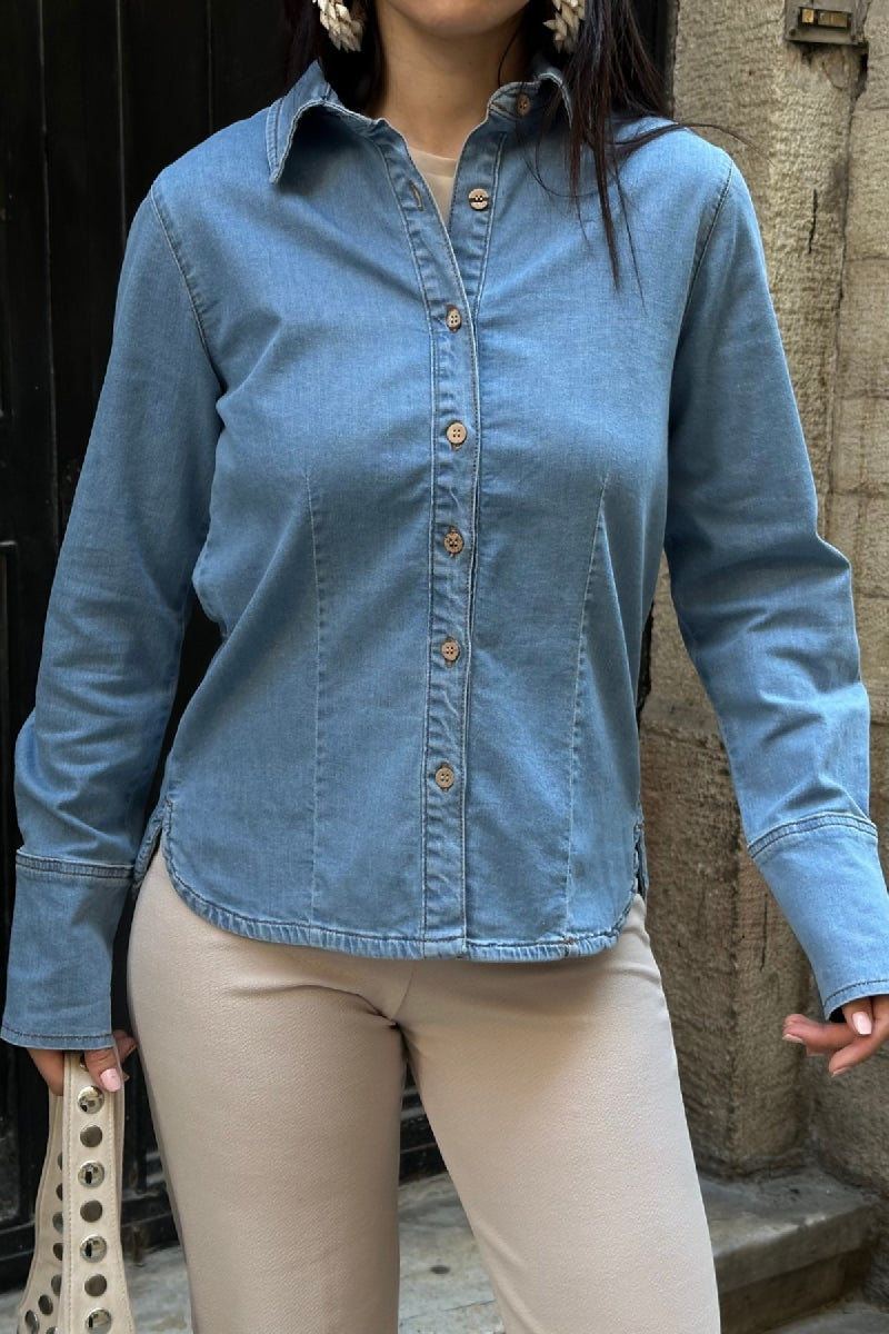 Kol Manşet Detaylı Kot Gömlek - Düz Orta Mavi Rins - (S-XL) - 6