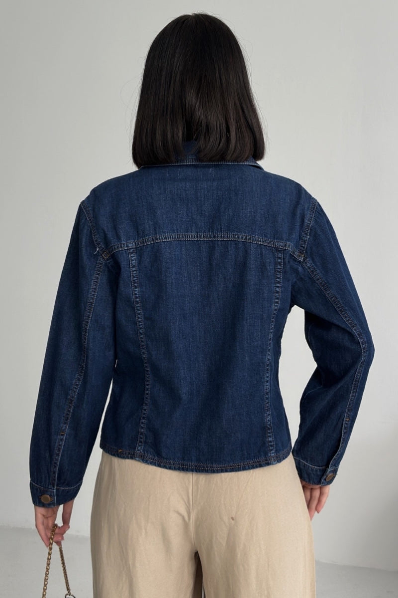 Dikiş Detaylı Kot Gömlek - Koyu Mavi Kot - (S-XL) - 4