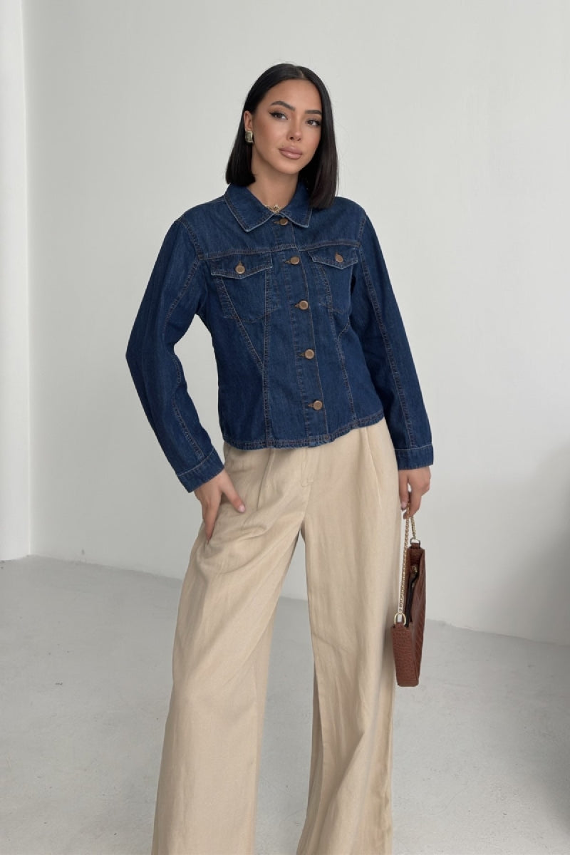 Dikiş Detaylı Kot Gömlek - Koyu Mavi Kot - (S-XL) - 5