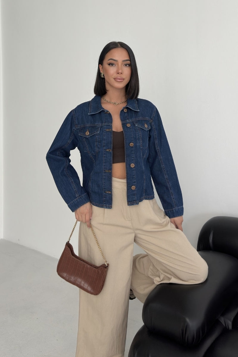 Dikiş Detaylı Kot Gömlek - Koyu Mavi Kot - (S-XL) - 6