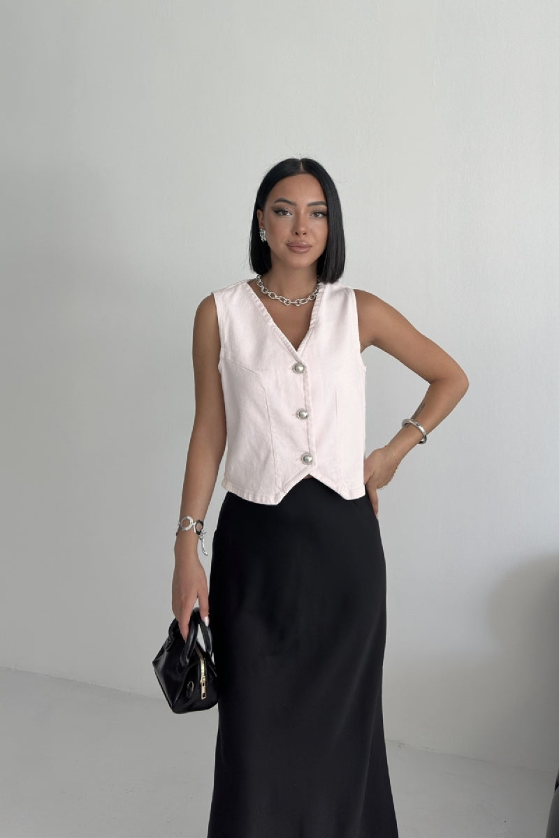 Düğmeli Yelek - Pudra Pembe - (S-XL) - 2