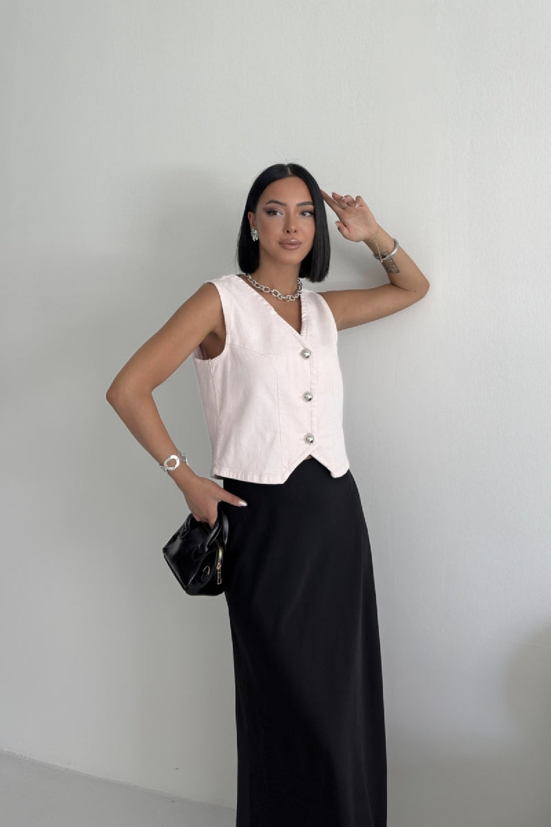 Düğmeli Yelek - Pudra Pembe - (S-XL) - 3