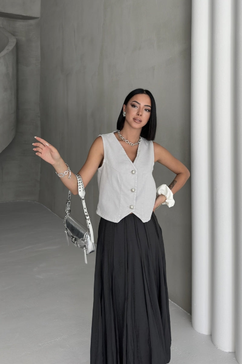 Düğmeli Yelek - Açık Gri - (S-XL) - 3