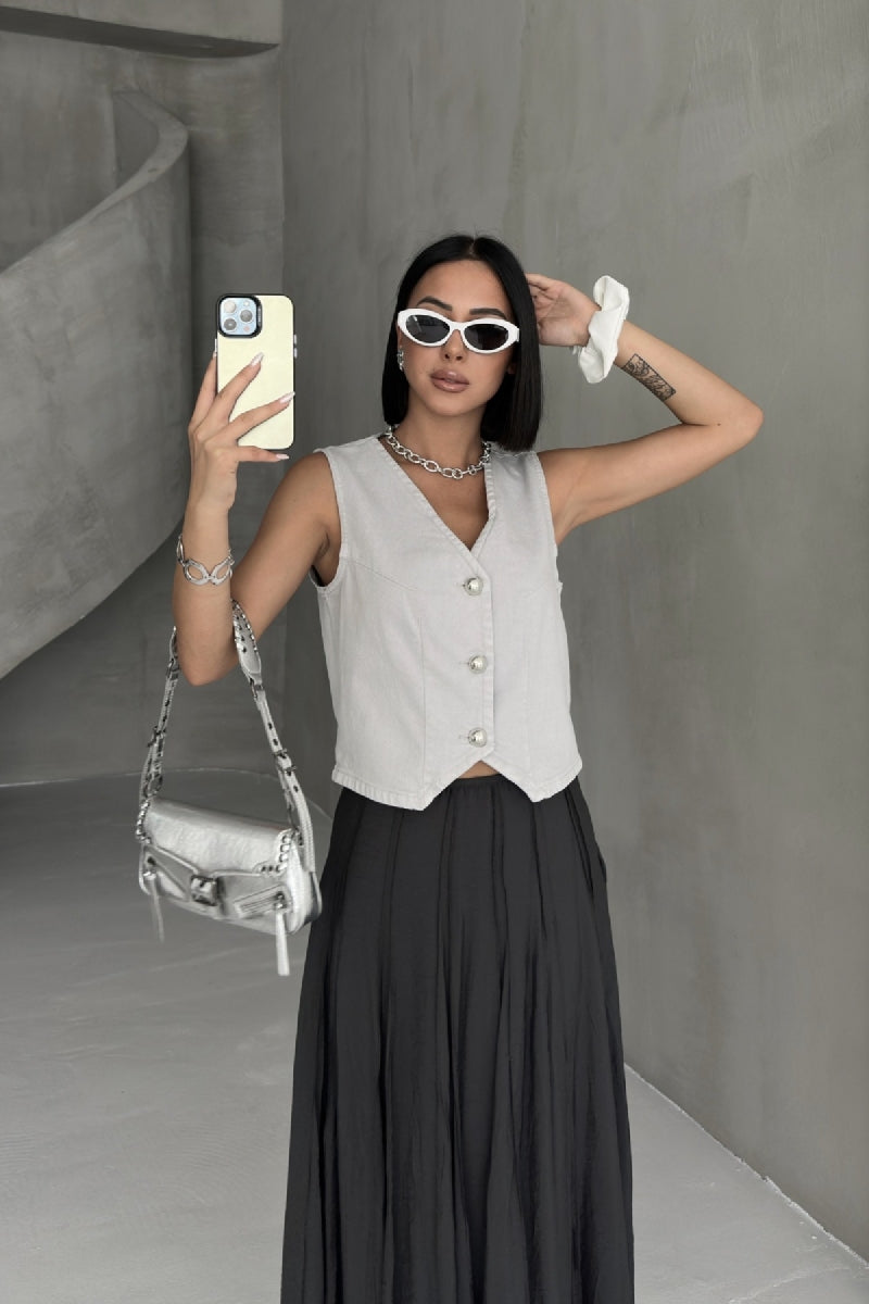 Düğmeli Yelek - Açık Gri - (S-XL) - 5
