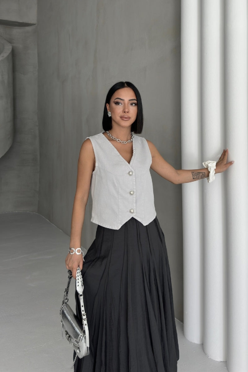 Düğmeli Yelek - Açık Gri - (S-XL) - 6