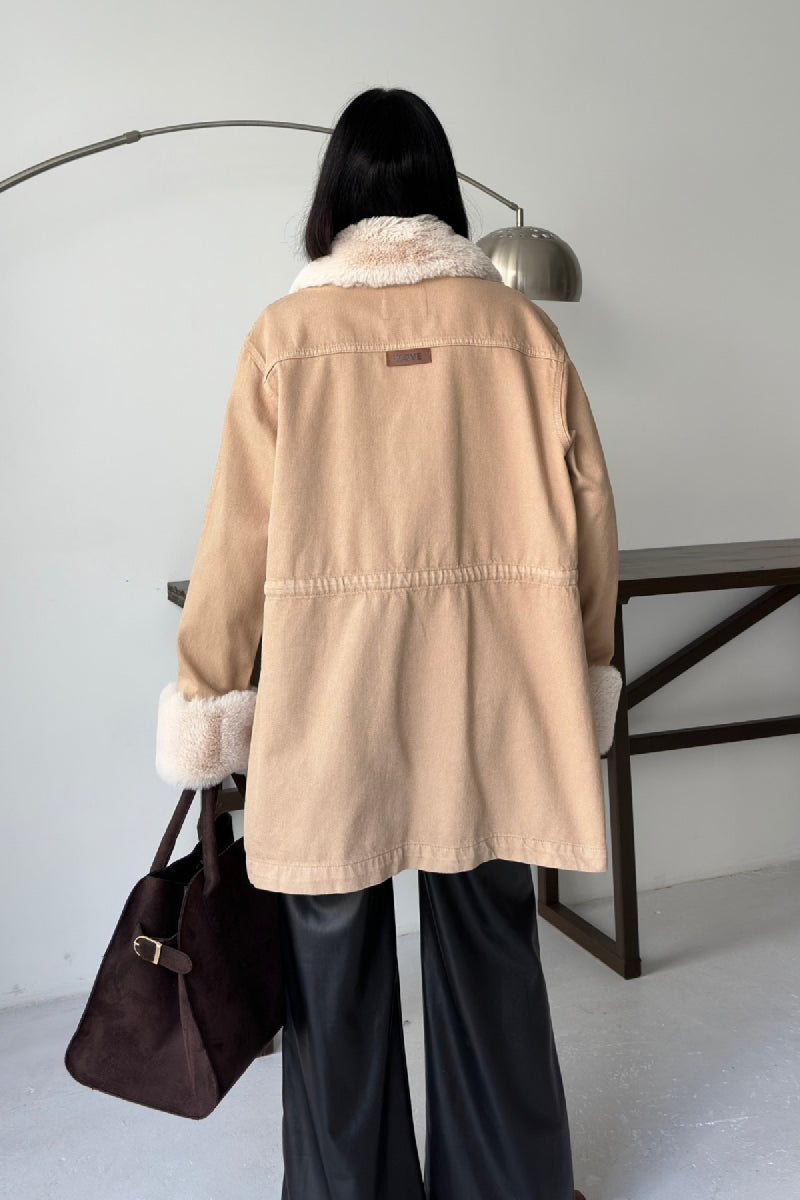 Kol ve Yakası Kürk Detaylı Orta Boy Kot Ceket - Camel - (S+L+4) - 2