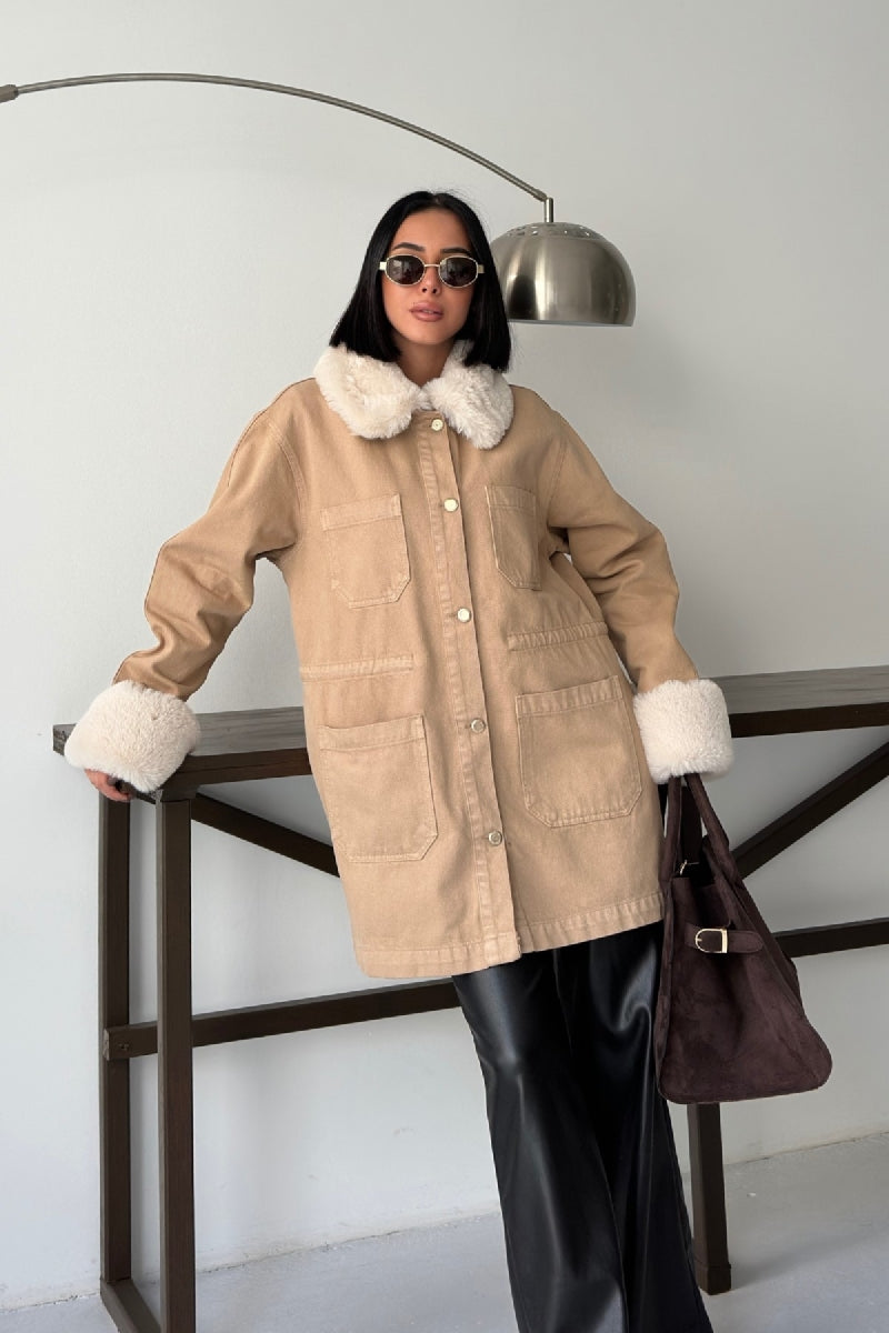 Kol ve Yakası Kürk Detaylı Orta Boy Kot Ceket - Camel - (S+L+4) - 6