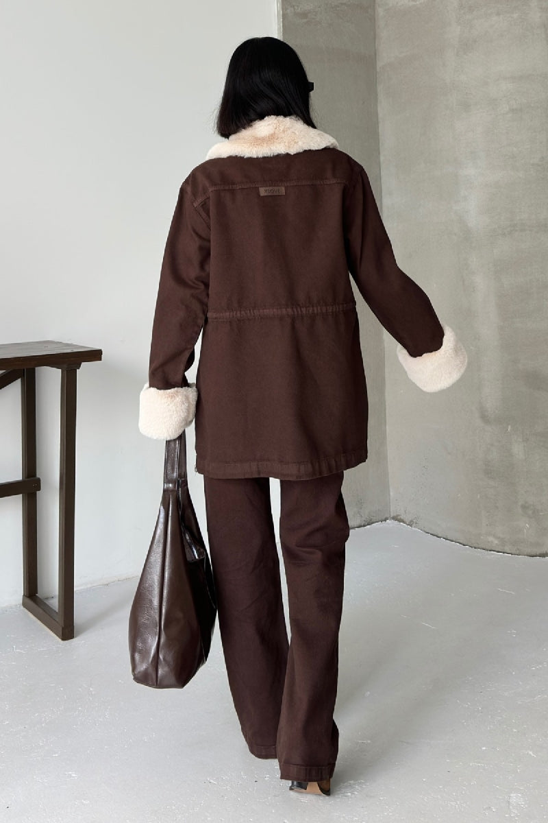 Kol ve Yakası Kürk Detaylı Orta Boy Kot Ceket - Kahverengi - (S+L+4) - 2