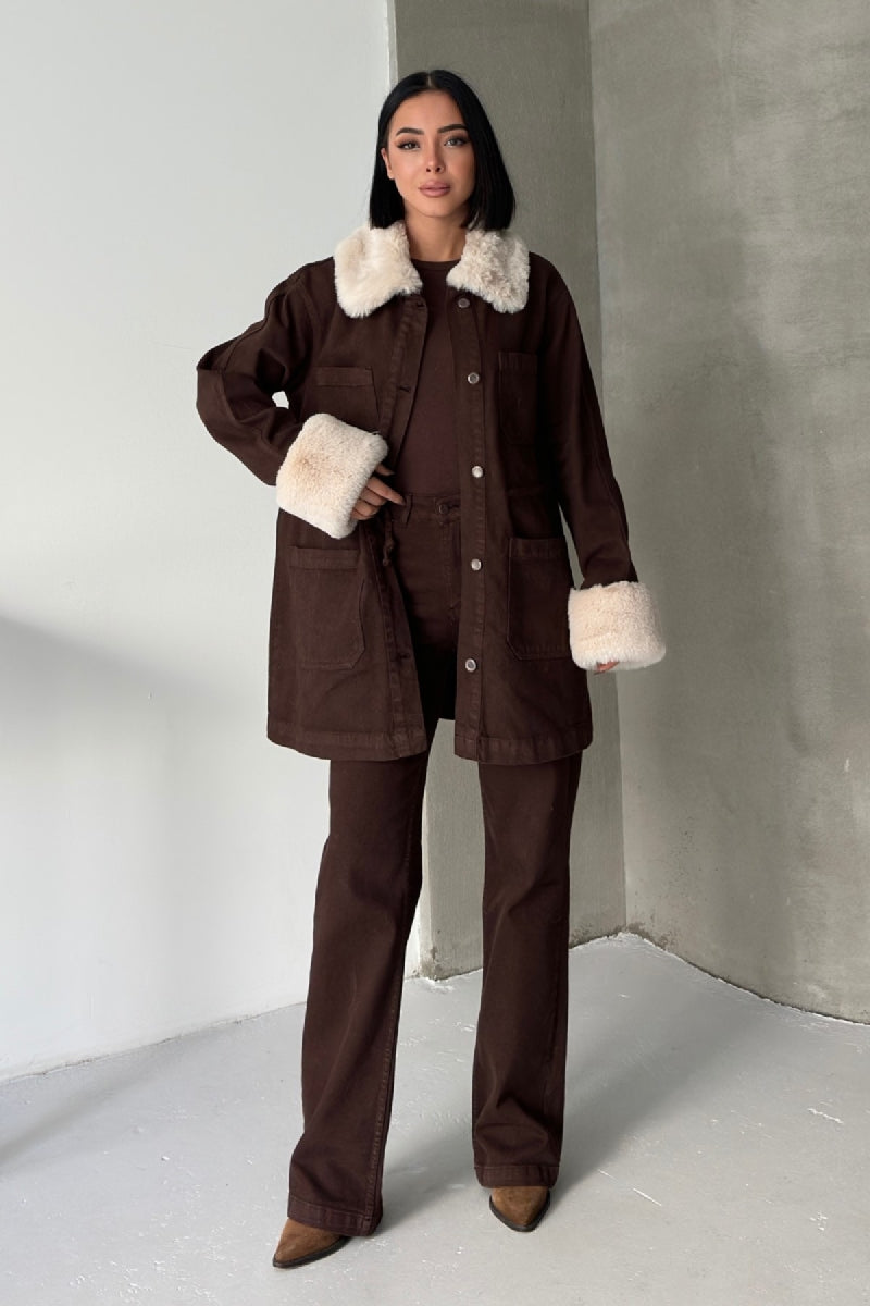 Kol ve Yakası Kürk Detaylı Orta Boy Kot Ceket - Kahverengi - (S+L+4) - 6