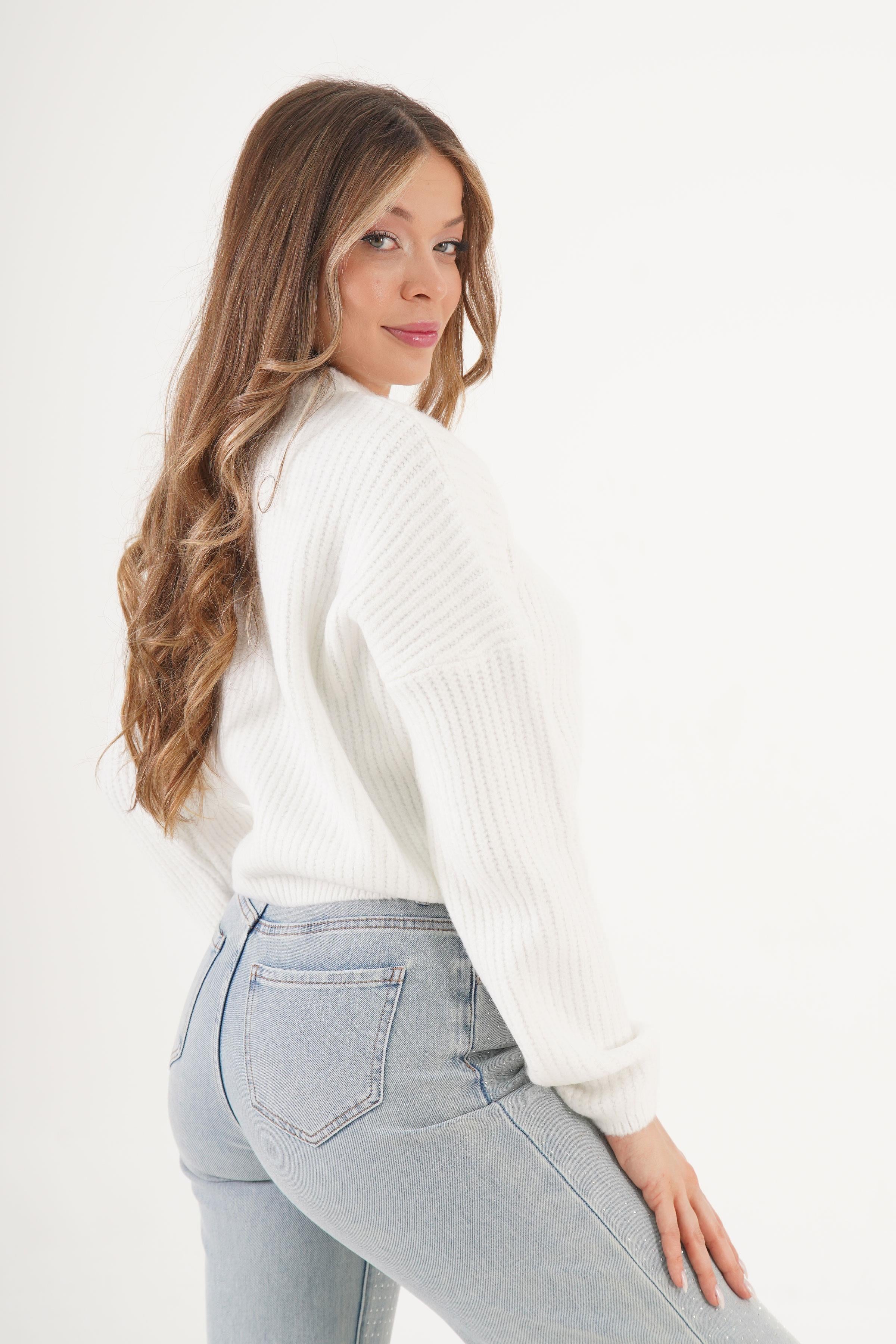 Bisiklet Yaka Basic Toptan Beyaz Kazak