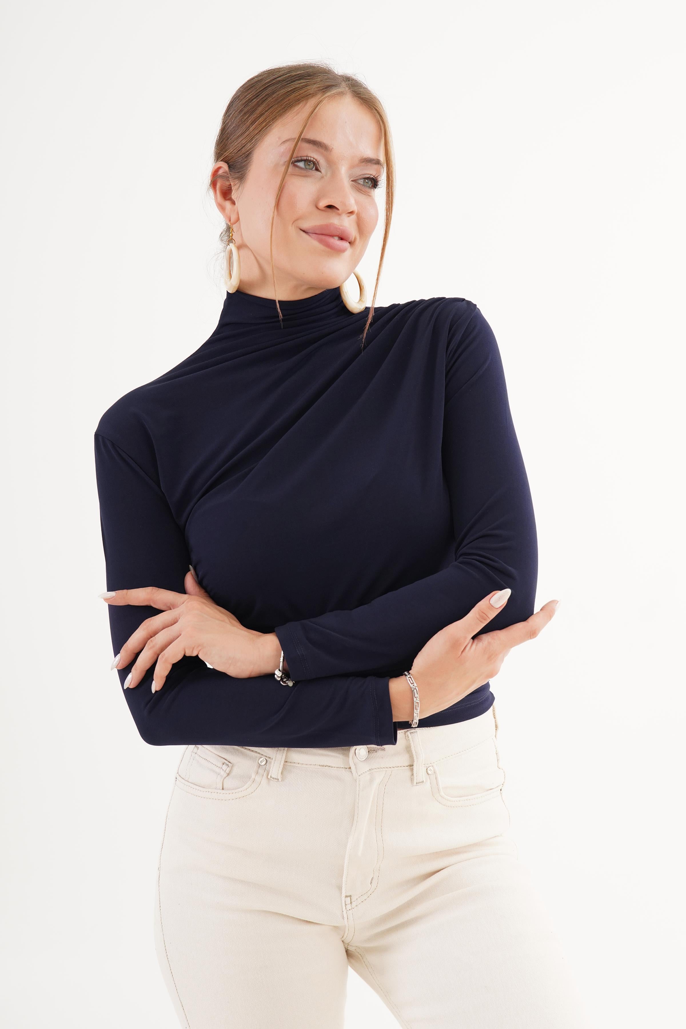 Omuz Ve Bel Büzgülü Dik Yaka Toptan Lacivert Bluz