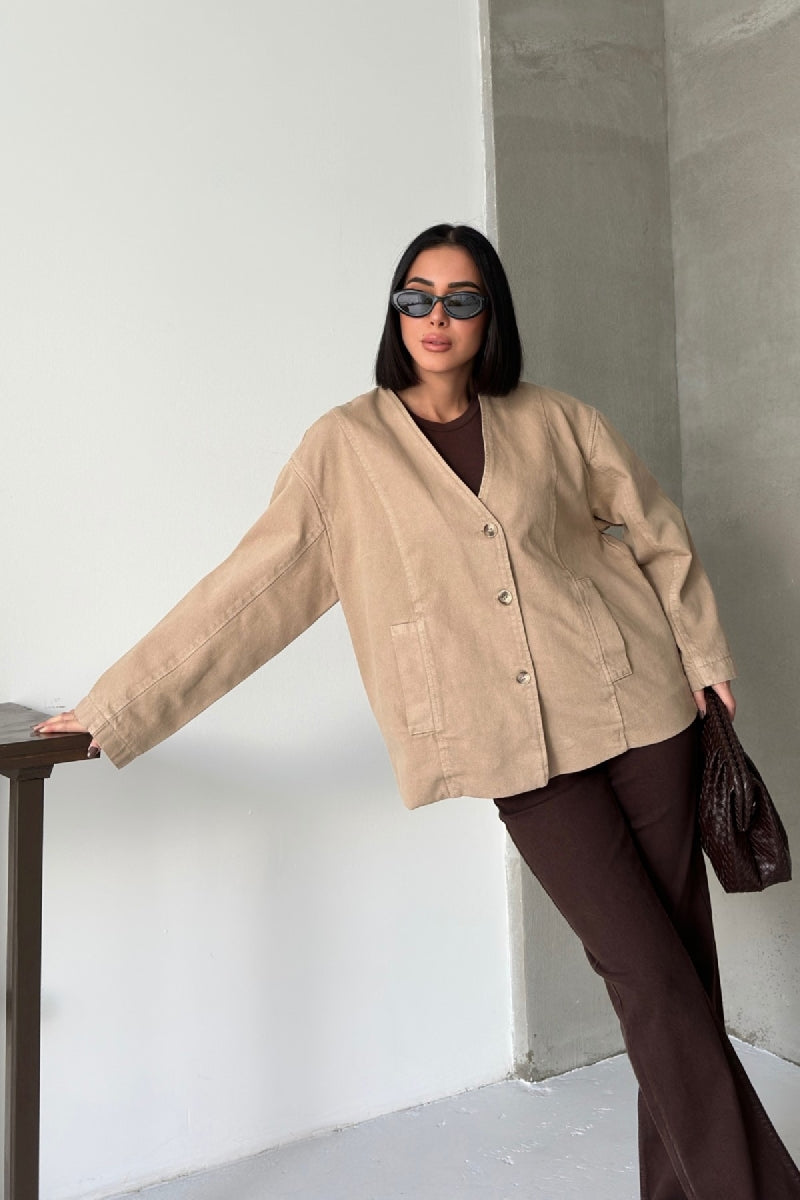 Astarlı Oversize Kot Ceket - Camel - (S+L+3) - 5