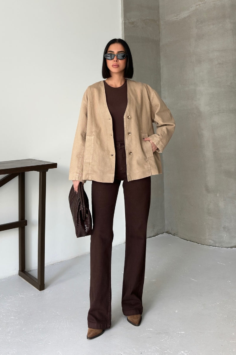 Astarlı Oversize Kot Ceket Camel