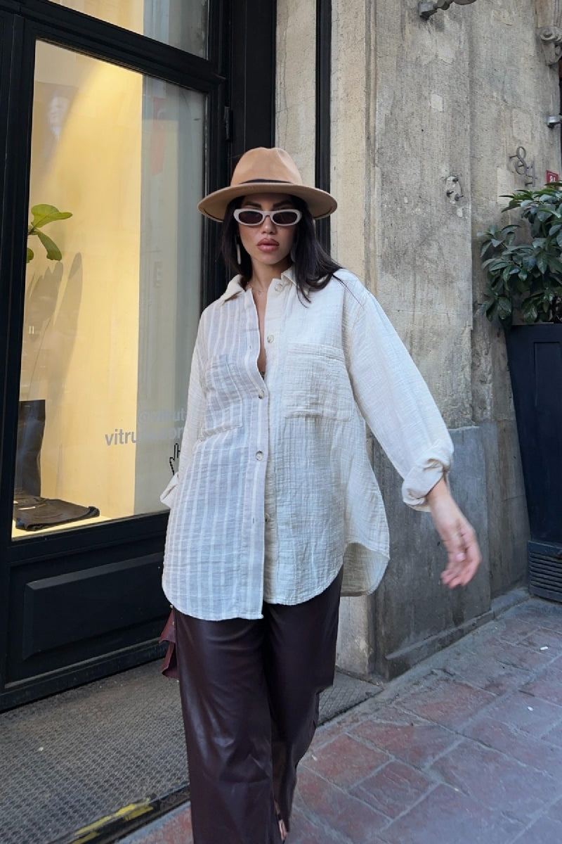 Çizgi Garnili Oversize Gömlek - Naturel - (S+L+3) - 3