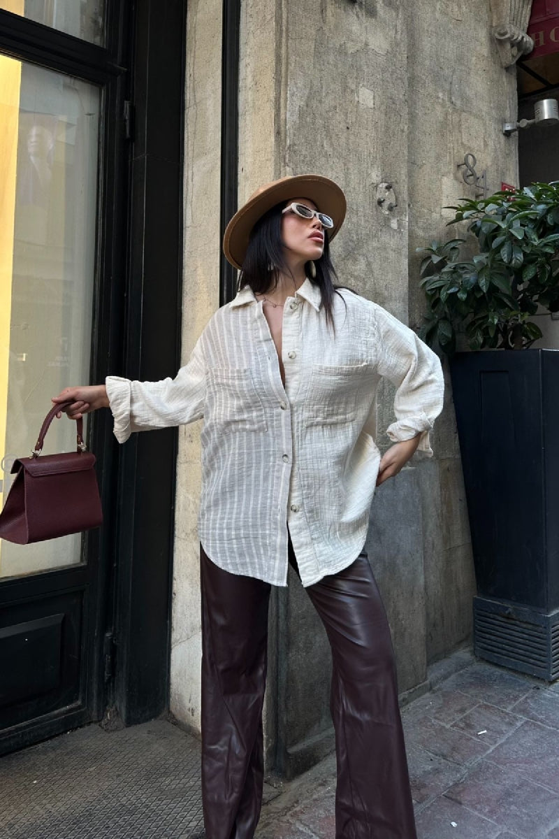 Çizgi Garnili Oversize Gömlek - Naturel - (S+L+3) - 4