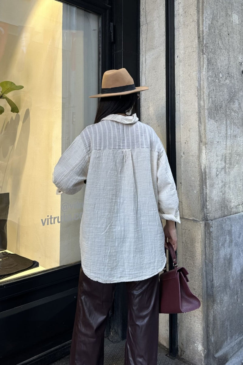 Çizgi Garnili Oversize Gömlek - Naturel - (S+L+3) - 6