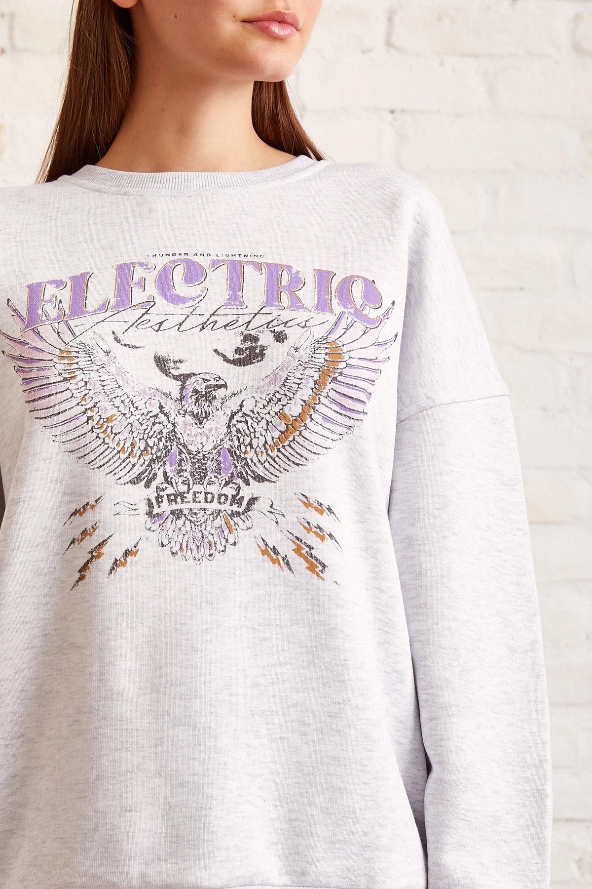 Bisiklet Yaka Baskılı Sweatshirt - Kar Melanj