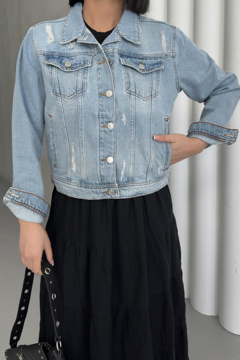 Kısa Kot Ceket - Orta Mavi Kar Yıkama Tintli - (S-XL-6) - 3