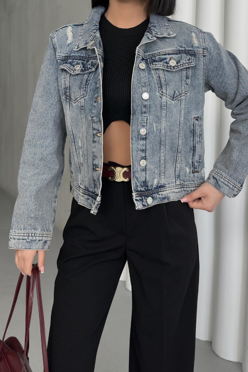 Kısa Kot Ceket - Buz Mavisi ve Tintli - (S-XL-6) - 2