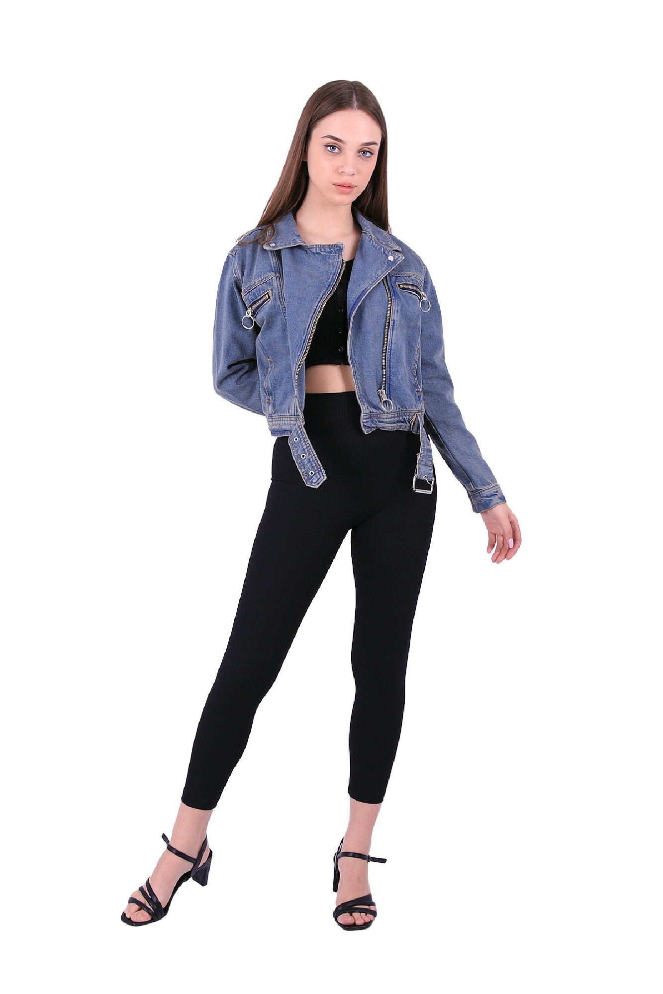 Beli Kemerli Fermuarlı Kısa Ceket - Orta Mavi ve Tintli - (S-XL-6) - 5