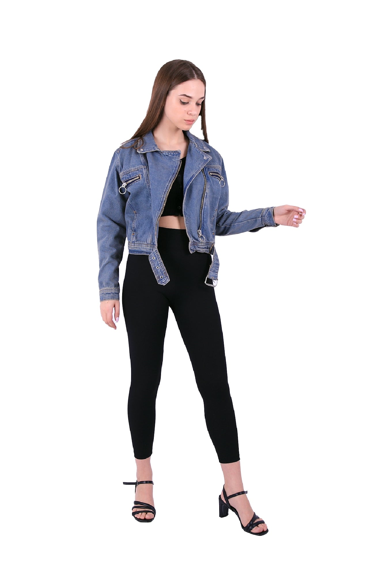 Beli Kemerli Fermuarlı Kısa Ceket - Orta Mavi ve Tintli - (S-XL-6) - 6