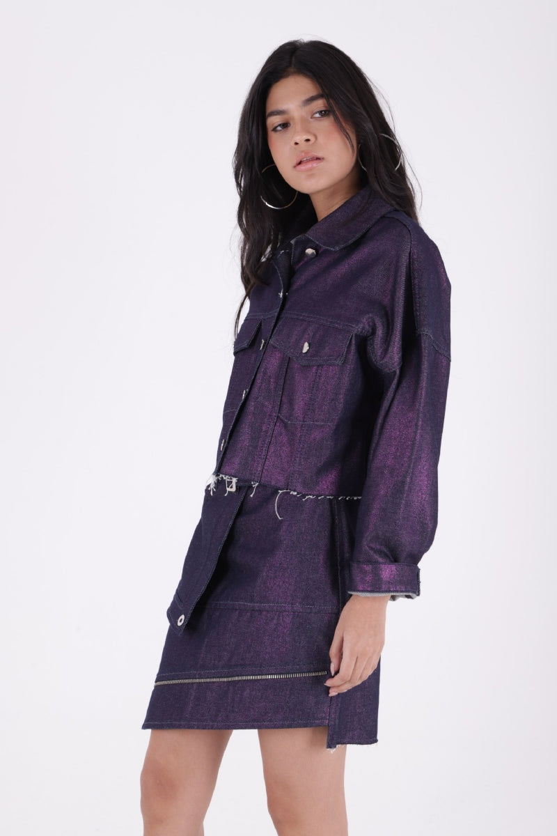 Kısa Oversize Kot Ceket - Mor Simli Varak - (S-L-3) - 2