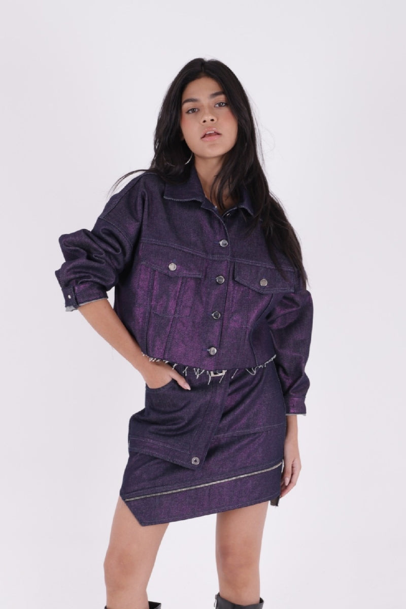 Kısa Oversize Kot Ceket - Mor Simli Varak - (S-L-3) - 3