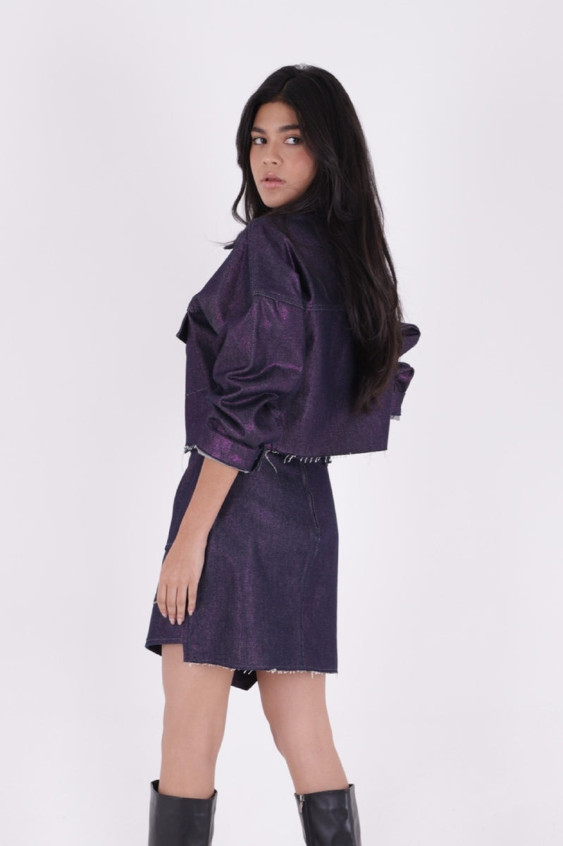 Kısa Oversize Kot Ceket - Mor Simli Varak - (S-L-3) - 4
