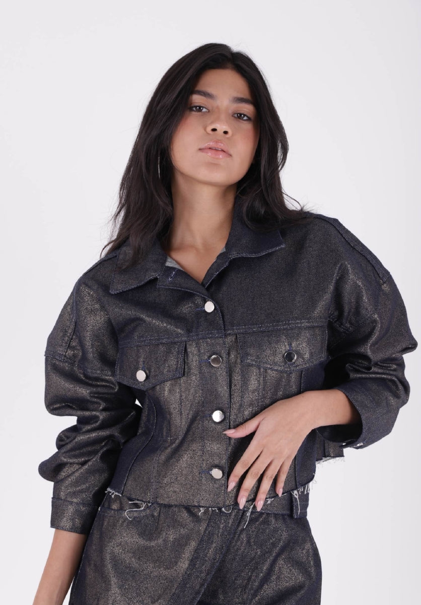 Kısa Oversize Kot Ceket - Mavi Zemin Altın Sim - (S-L-3) - 2