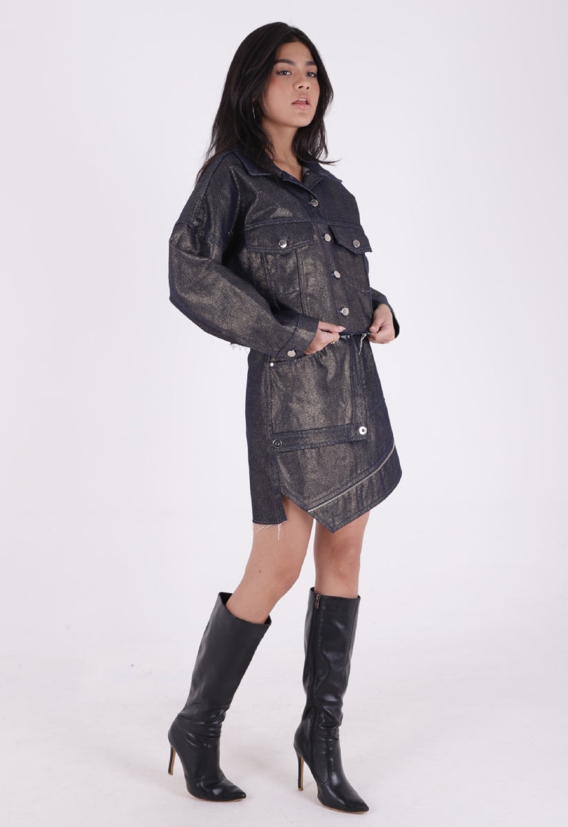 Kısa Oversize Kot Ceket - Mavi Zemin Altın Sim - (S-L-3) - 4