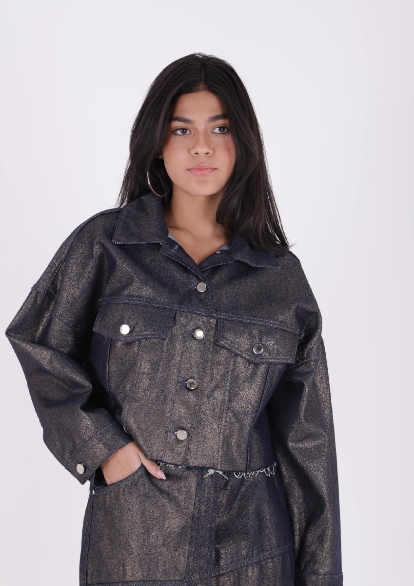 Kısa Oversize Kot Ceket - Mavi Zemin Altın Sim - (S-L-3) - 5