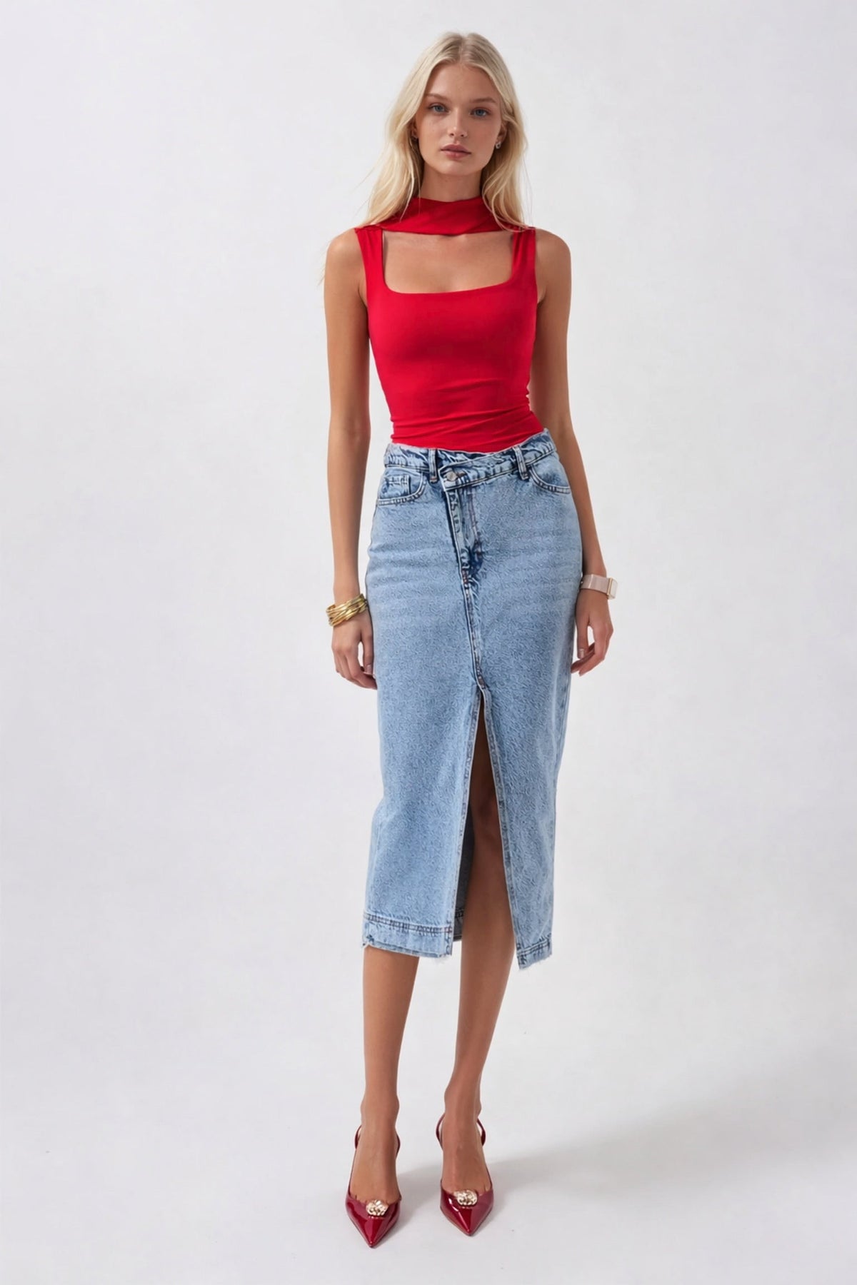 Yırtmaç Detay Denim Midi Etek - Açık Mavi
