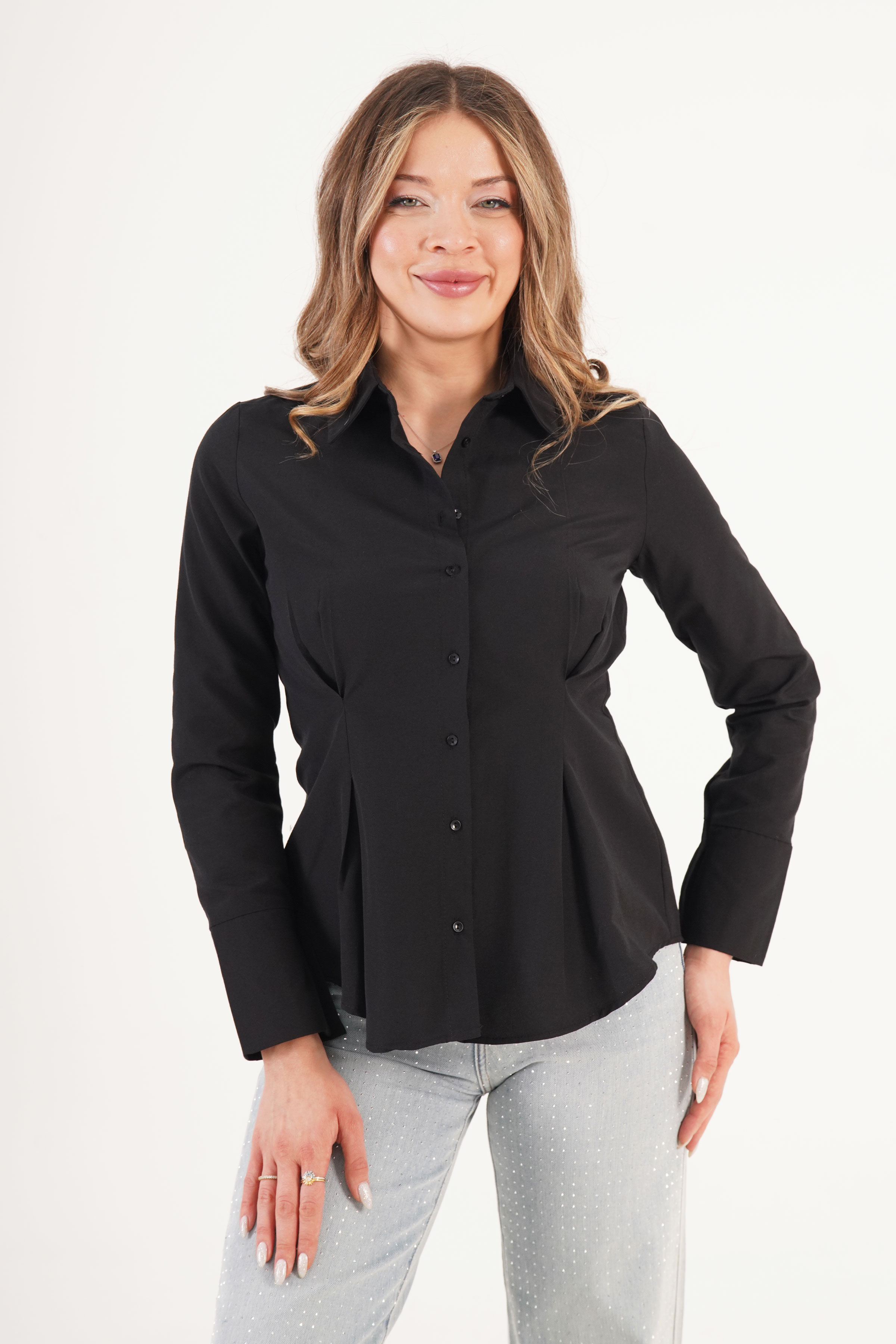 Belden Oturtmalı Toptan Siyah Gömlek