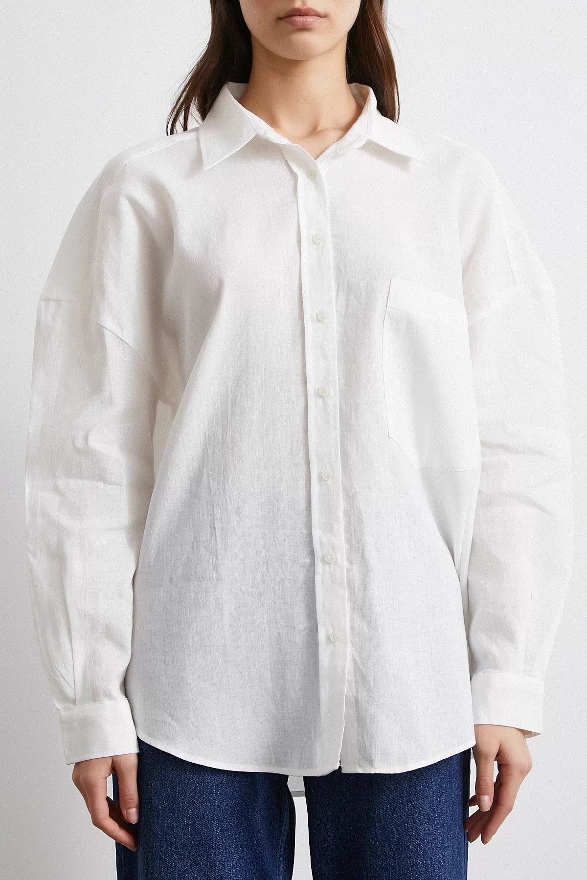 Cepli Oversize Keten Gömlek - Ekru