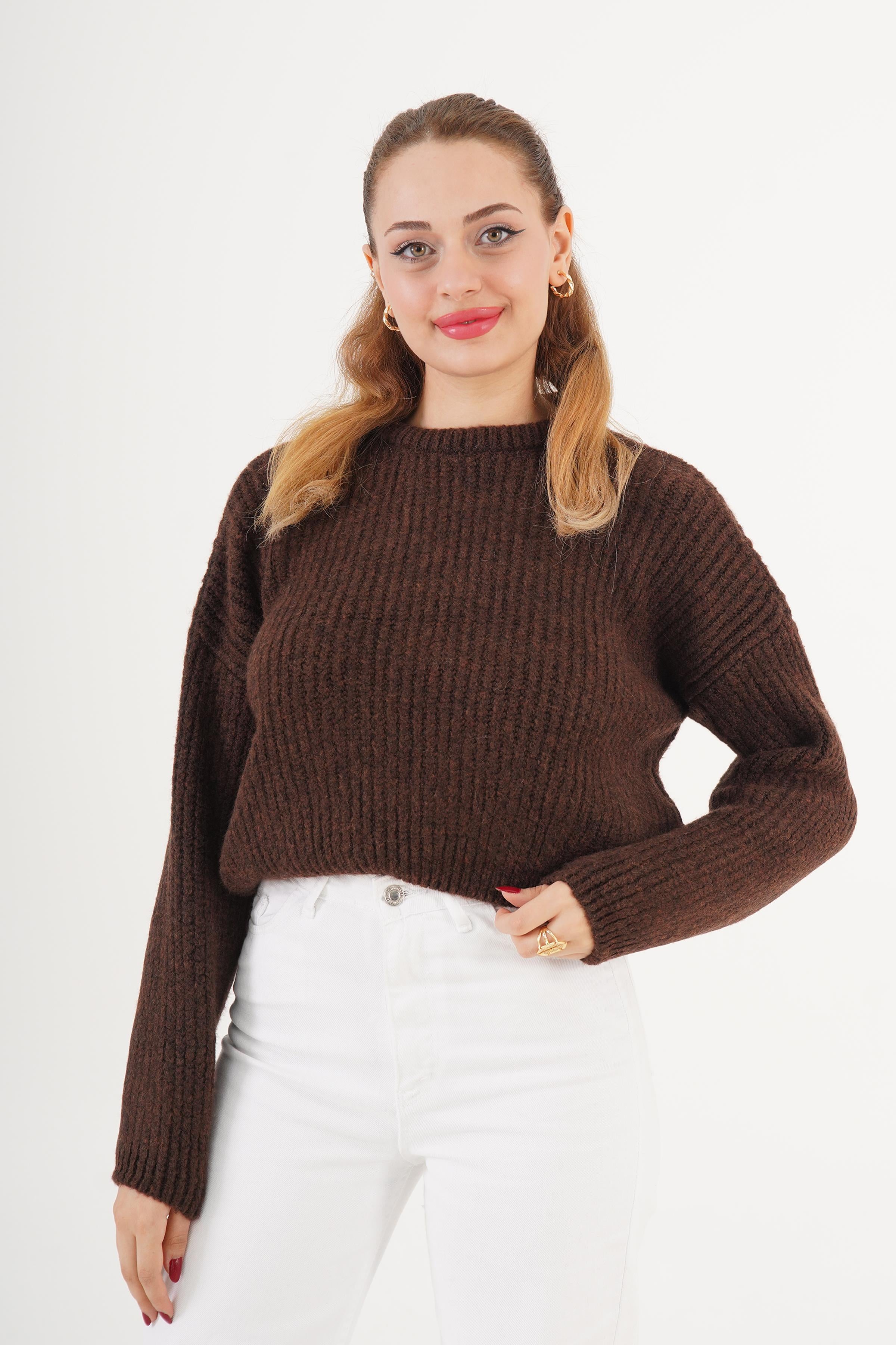 Bisiklet Yaka Basic Toptan Kahve Kazak Kahverengi STD