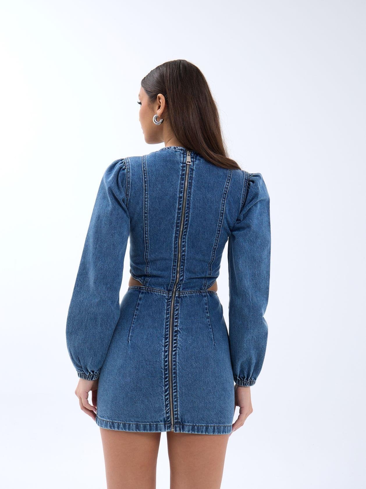 6834 WINDOWED DENIM DRESS-MAVİ