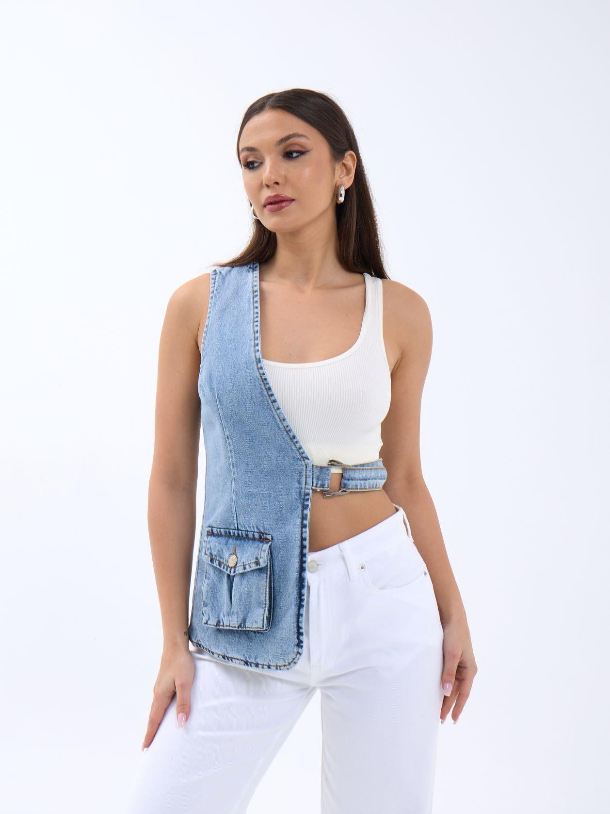 6838 ASYMMETRIC DENIM VEST-MAVİ