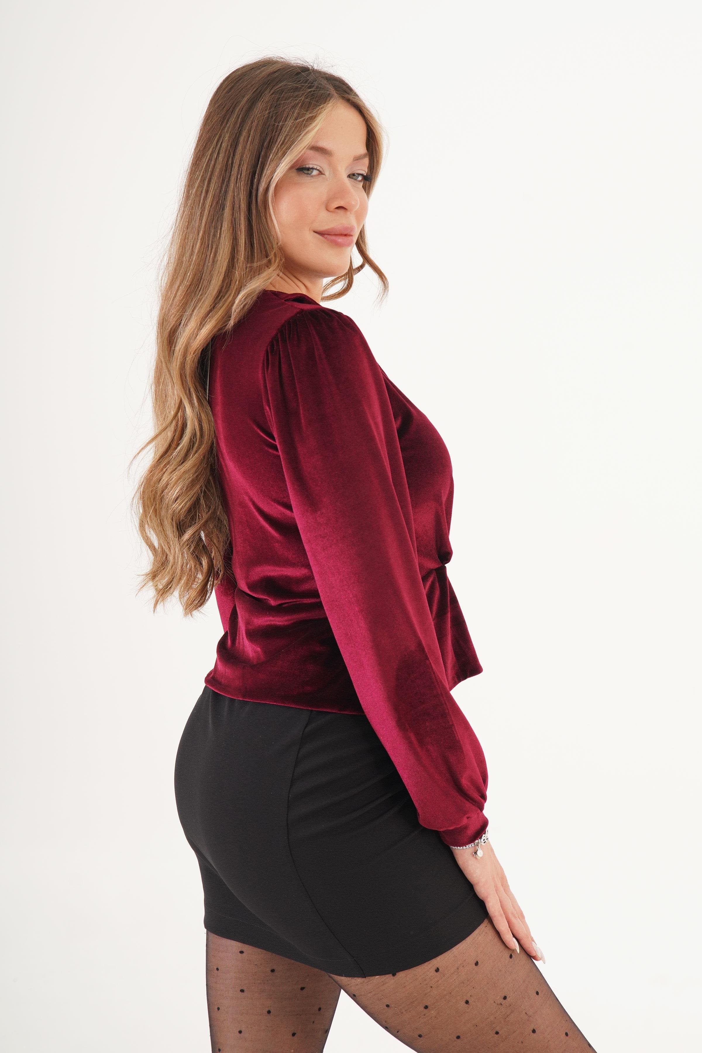 V Yaka Bordo Kadife Toptan Bluz