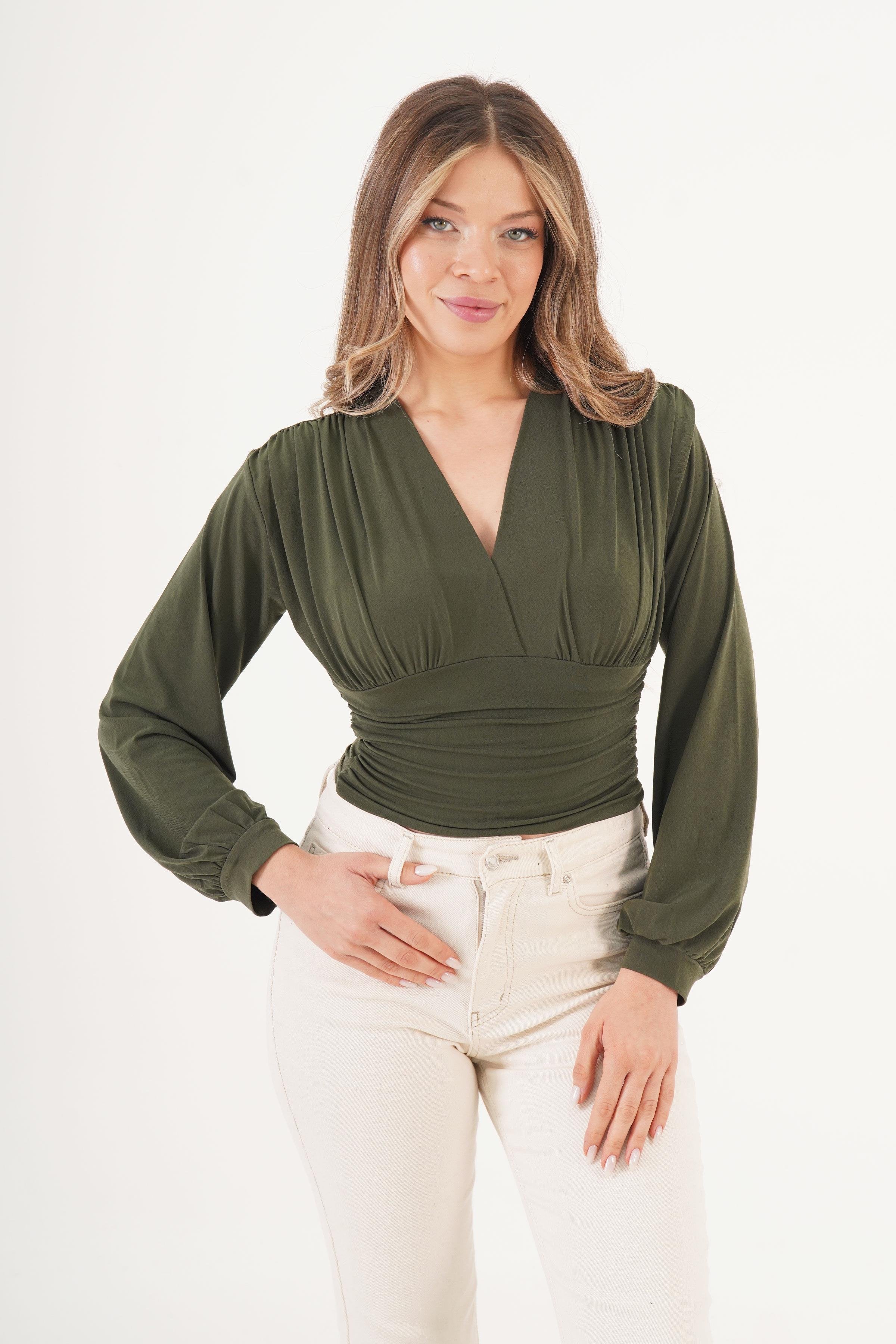 Göğüs Drapeli V Yaka Haki Toptan Bluz