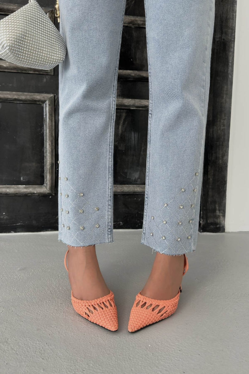 Taşlı Mom Fit Kot Pantolon 7115 - Kar Yıkama Açık Mavi - (26-31) - 6