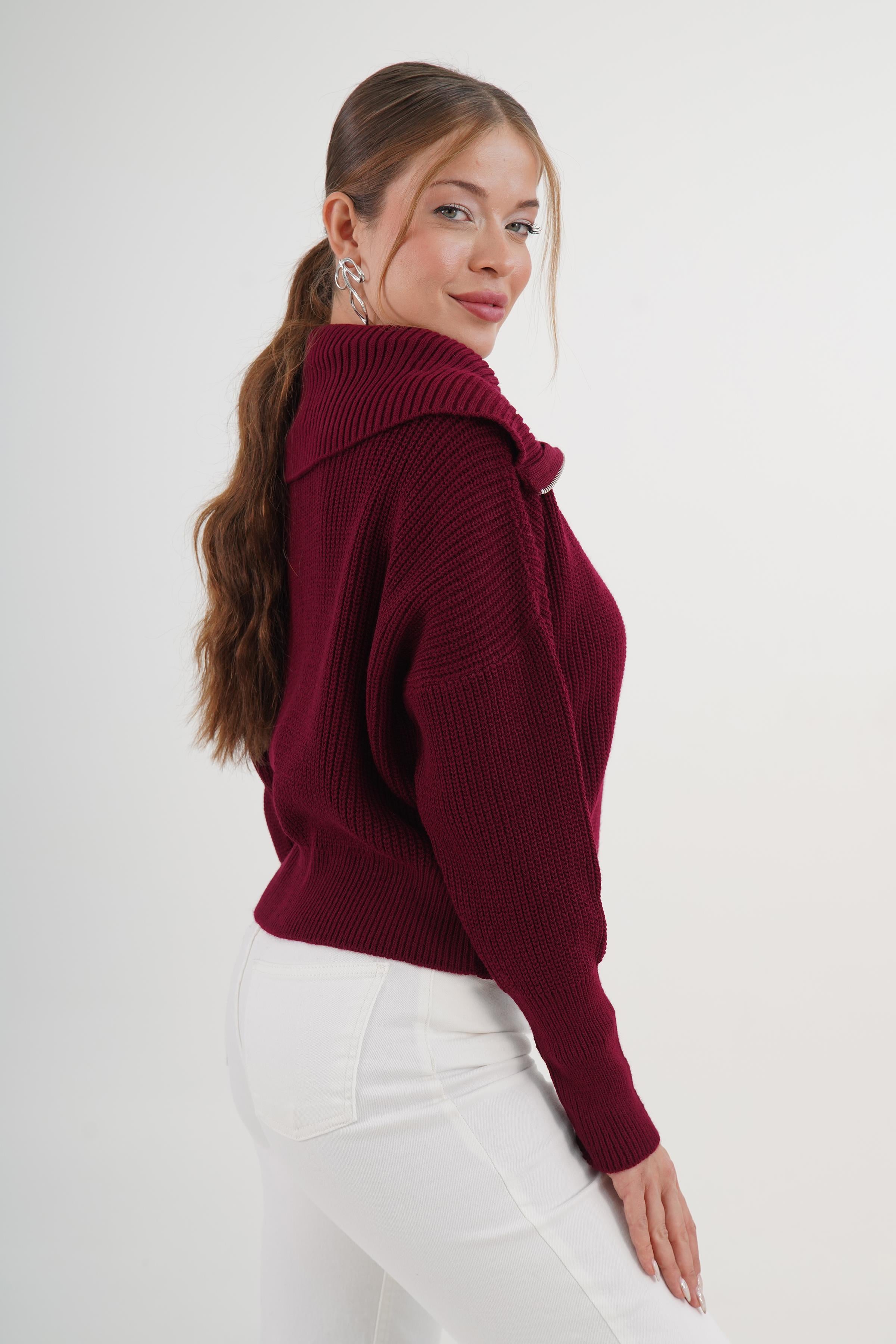 Fermuarlı Yaka Bordo Toptan Triko Hırka