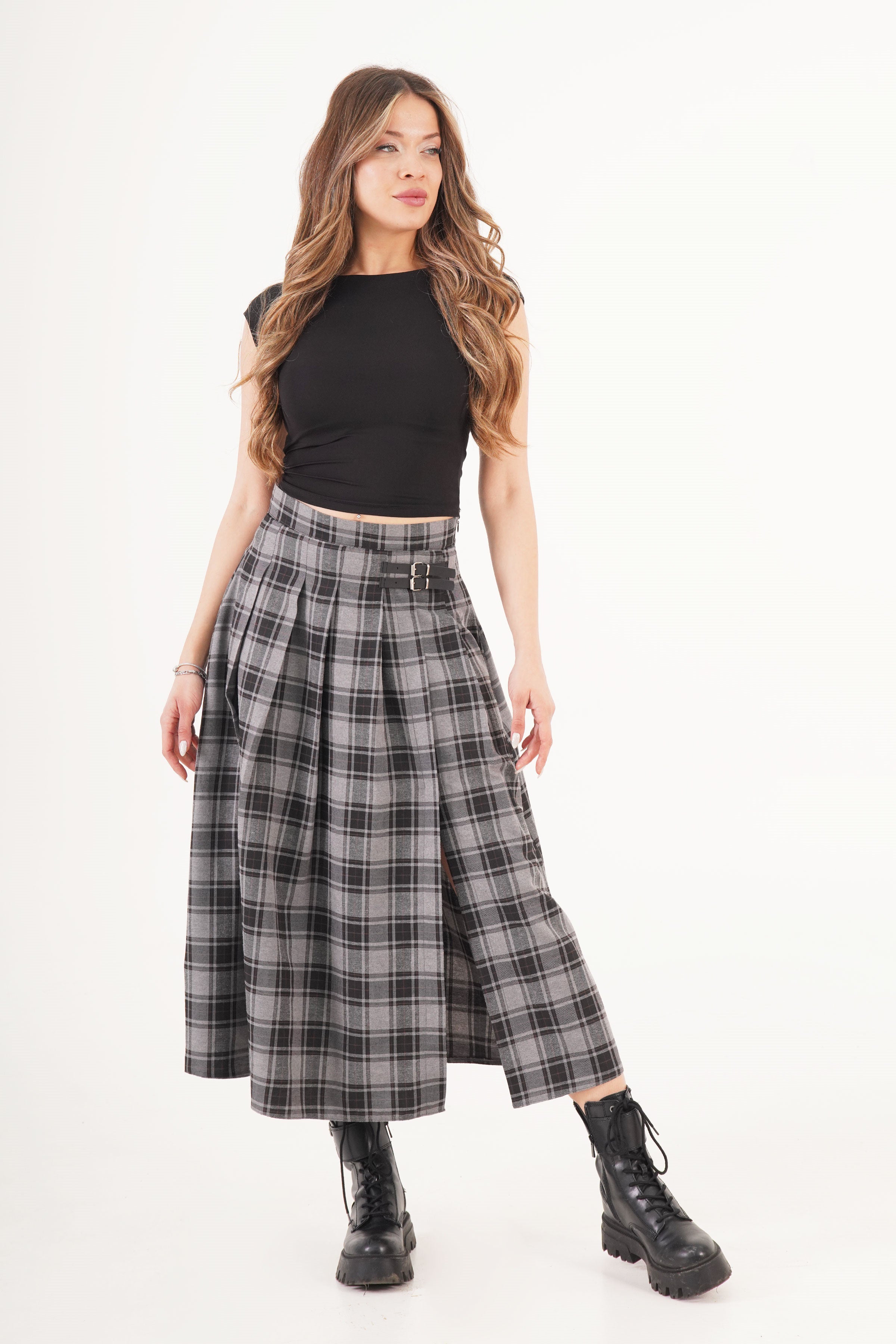 Kemer Detaylı Yan Yırtmaçlı Gri Ekose Toptan Uzun Etek