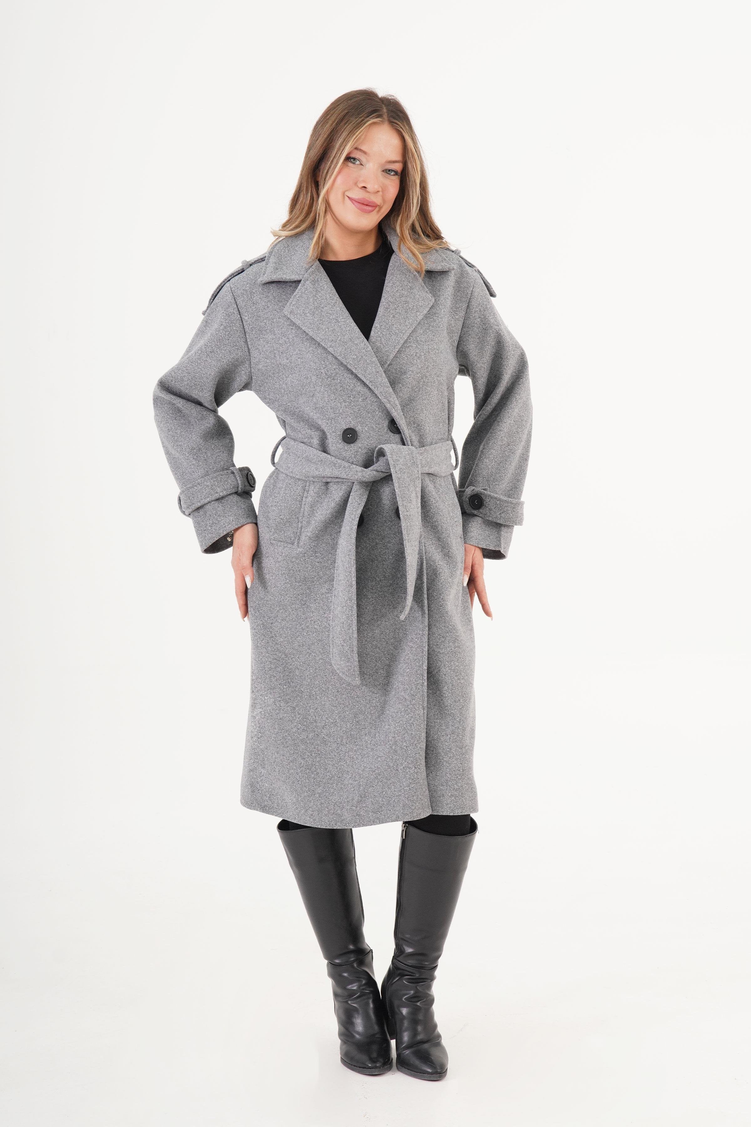 Apolet Detaylı Kuşaklı Toptan Antrasit Kaşe Kaban