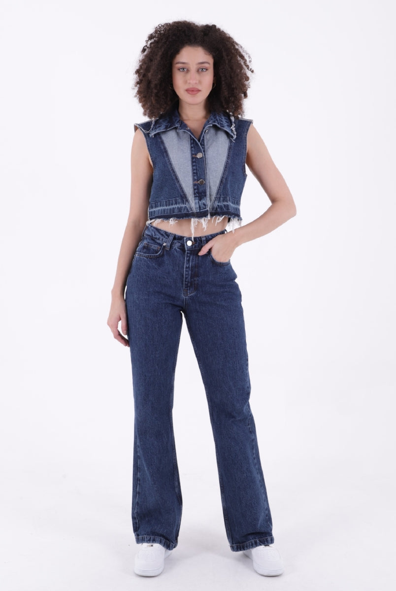 Relax Palazzo Kot Pantolon Düz Koyu Rins