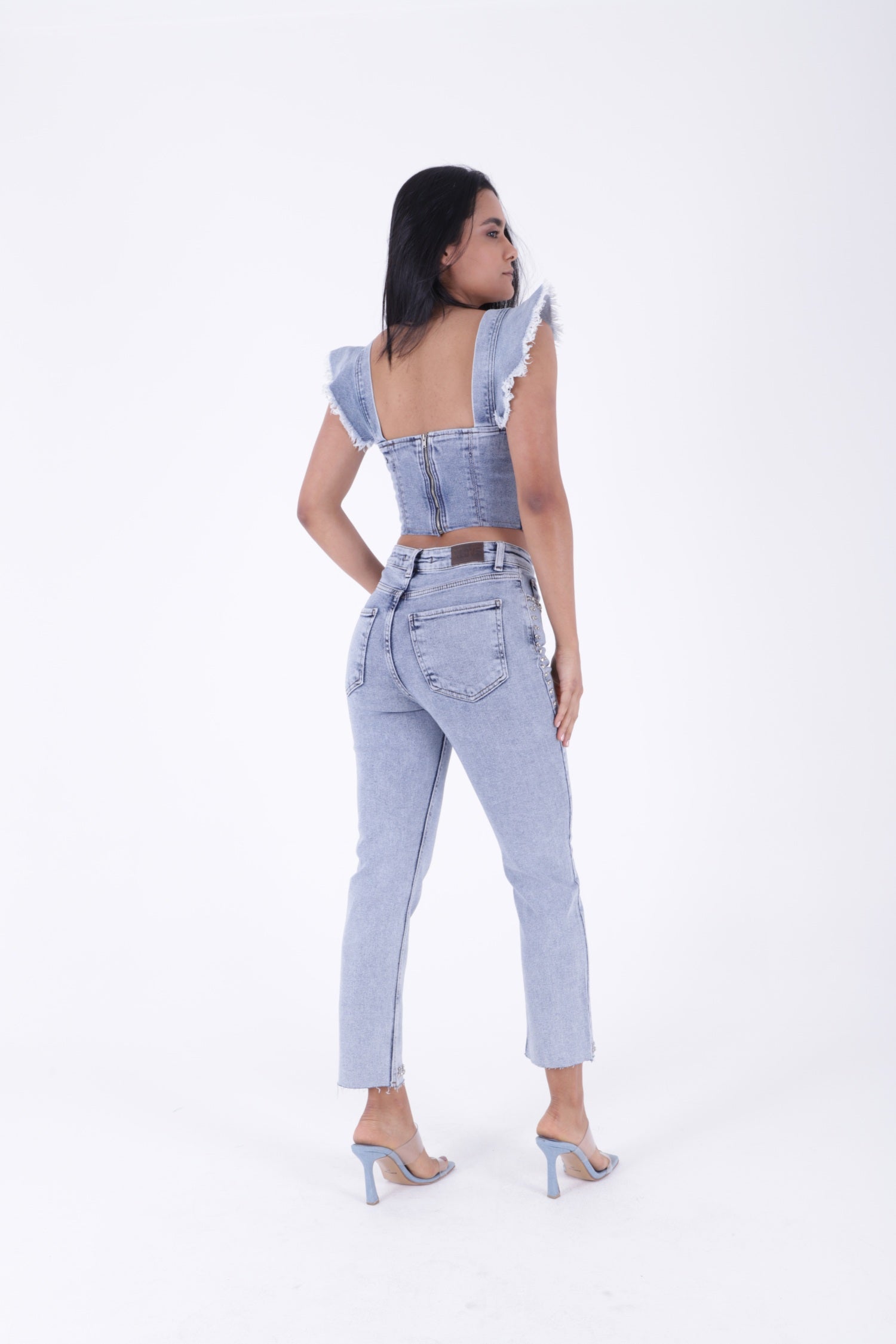 Taşlı Mom Fit Kot Pantolon - Kar Yıkama Açık Mavi - (26-31) - 4